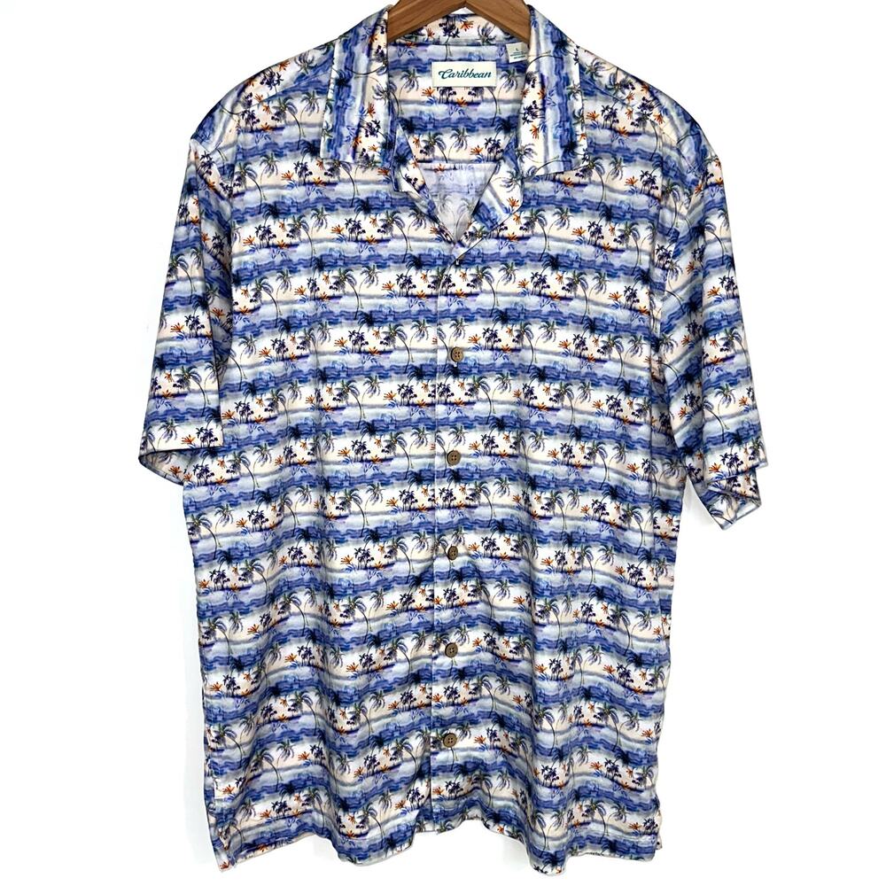 Roundtree & Yorke Caribbean Tropical Floral Palm Short Sleeve Button Down Shirt